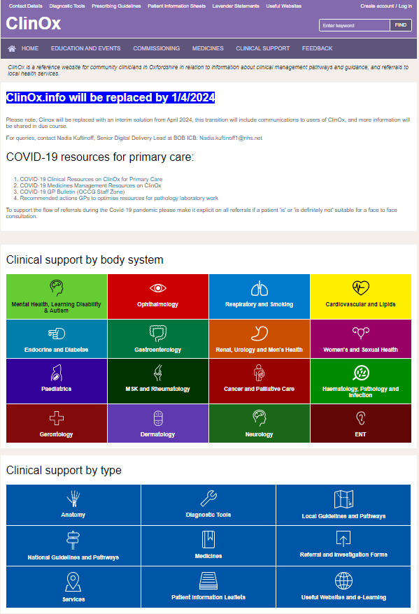 Screen shot of ClinOx website page 1