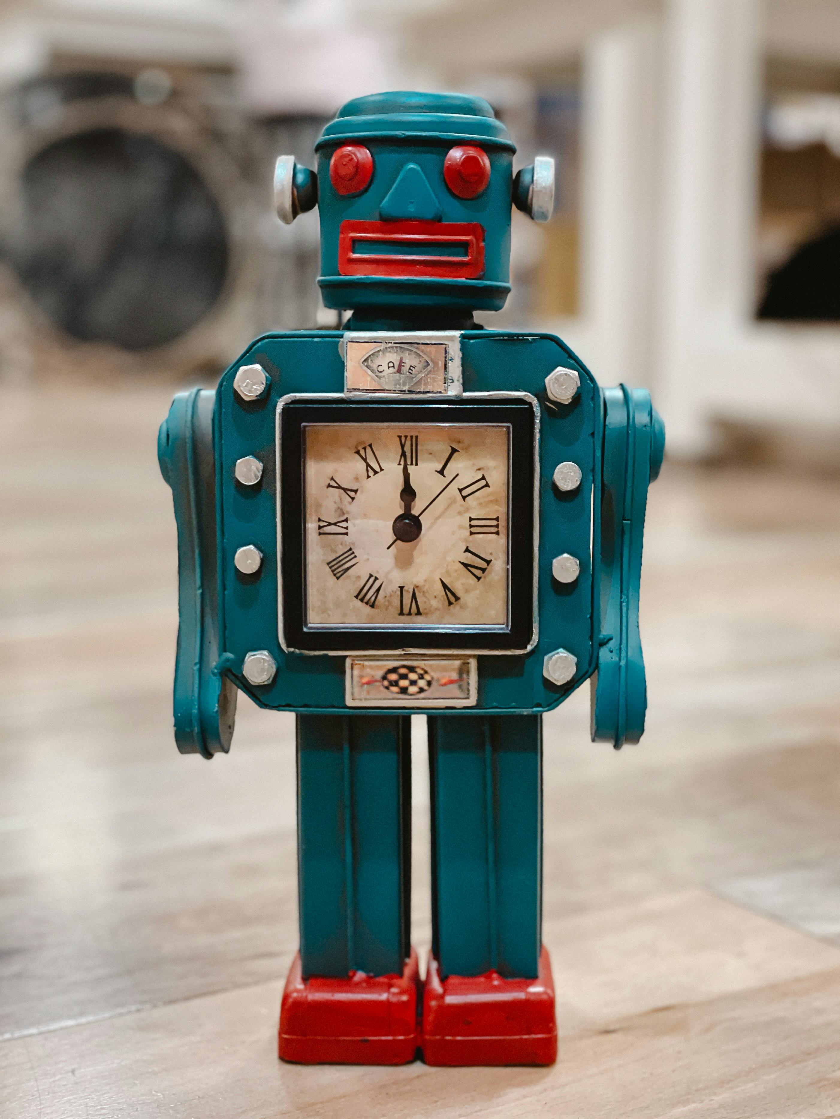 A toy robot with a clock as its thorax