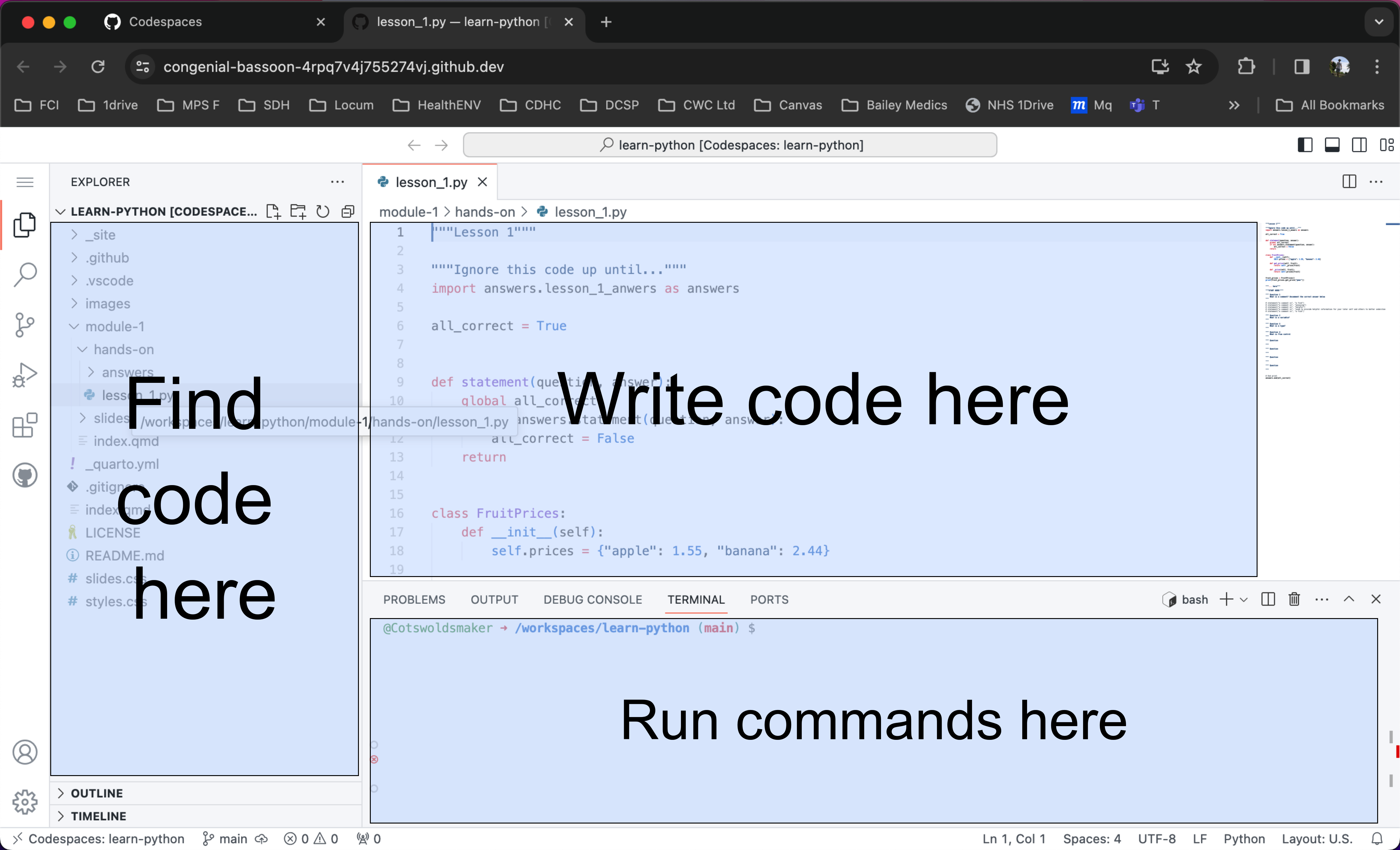 Codespace layout with areas highlighted