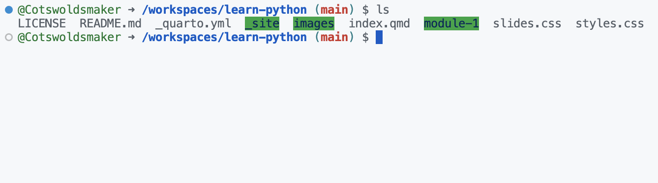 Screen shot of running 'ls' in the command line