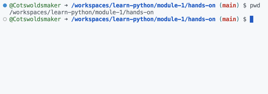 Screen shot of running 'pwd' in the command line