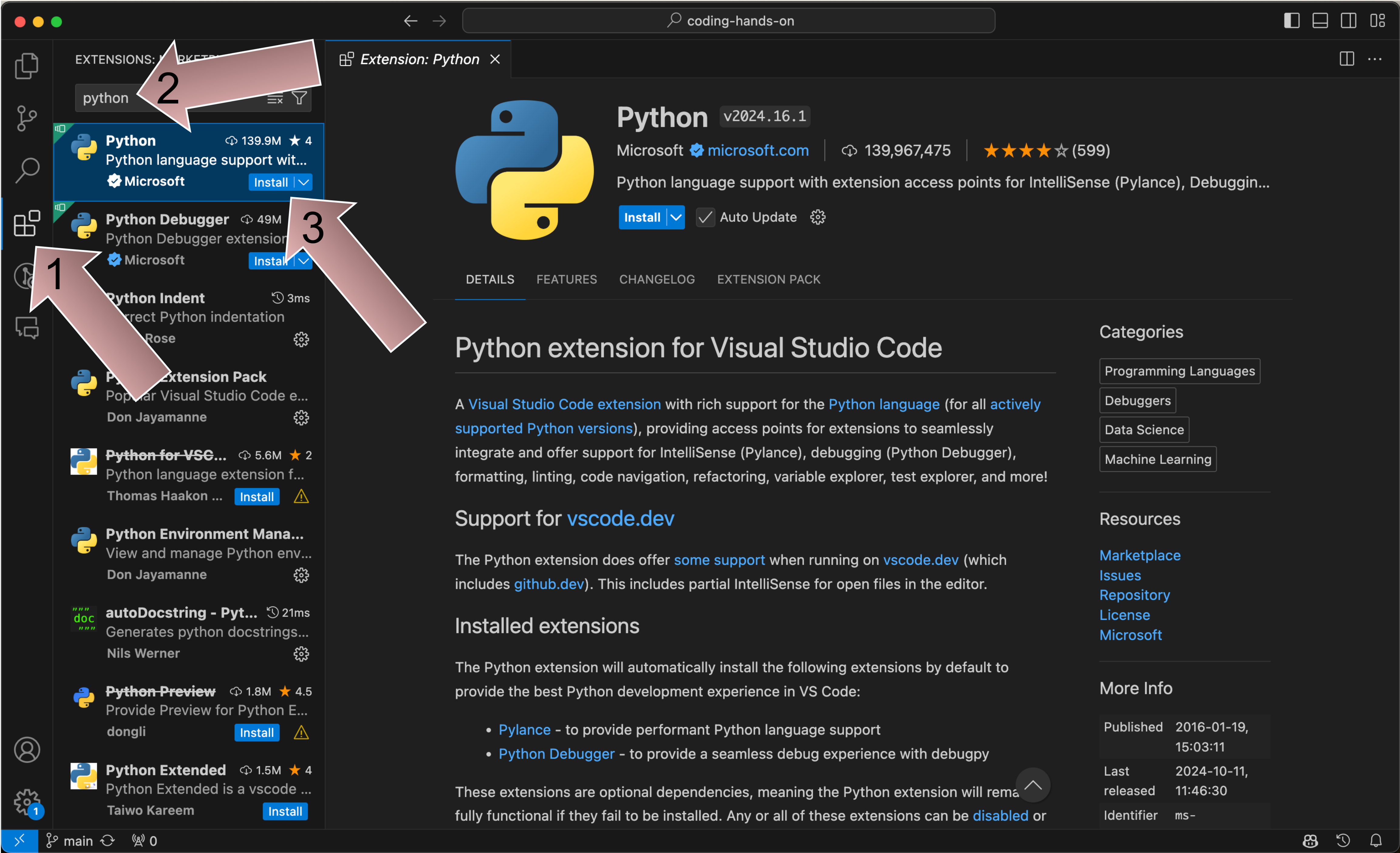 screen shot of the VS Code Python extension